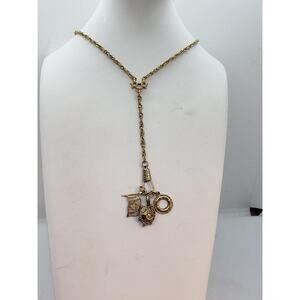 Vintage Charm Necklace Y Lariat Turtle Nautical Life Ring Maple Leaf Flag